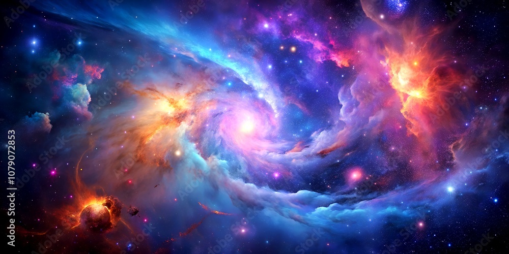ivid Cosmic Nebula with Swirling Blues, Purples, and Pinks Amidst Bright Stars and Galaxies ivid Cosmic Nebula with Swirling Blues, Purples, and Pinks Amidst Bright Stars and Galaxies
