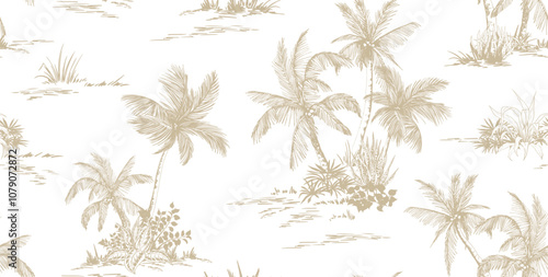 Seamless pattern with tropical palm trees scenery. Toile de Jouy style. Hand drawn vector illustration.