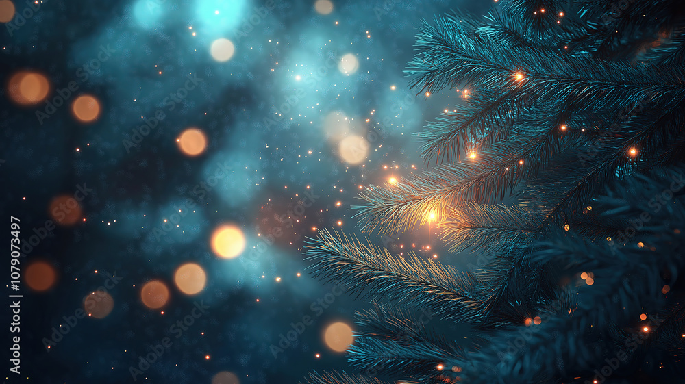 Winter scene with fir tree branches and sparkler against a bustling city backdrop Winter scene with fir tree branches and sparkler against a bustling city backdrop
