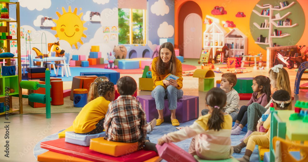 Fototapeta premium Happy Kindergarten Pedagogue Having a Conversation with Kids, Using Enthusiastic Teaching Methods in a Modern Colorful Kindergarten. Female Educator Stimulating Linguistic and Social Skills