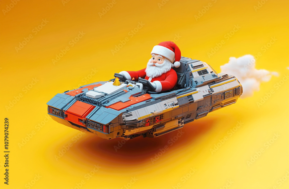 Naklejka premium Santa Claus adventuring in a futuristic vehicle amid Christmas clouds