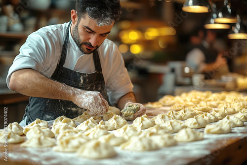 Chef preparing dumplings in rustic kitchen setting for culinary delight photo