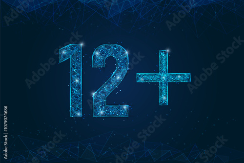 Abstract isolated blue image of 12 plus only censored. Polygonal low poly wireframe illustration looks like stars in the black night sky in space or flying glass shards.