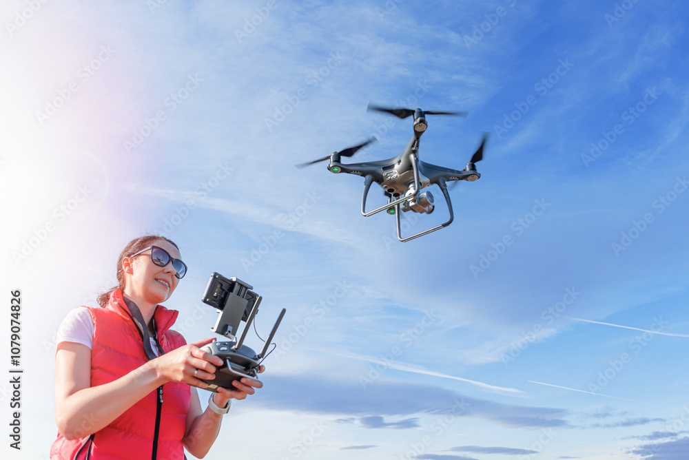 A young woman controls a drone with a remote control in her hands.