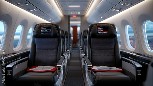 Airplane aisle safety demonstration crew shows passengers essential emergency procedures