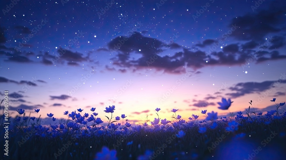 Fototapeta premium Field of blue flowers stretching under a starlit twilight sky, a tranquil scene with dreamy anime aesthetics, perfect for peaceful wallpaper.