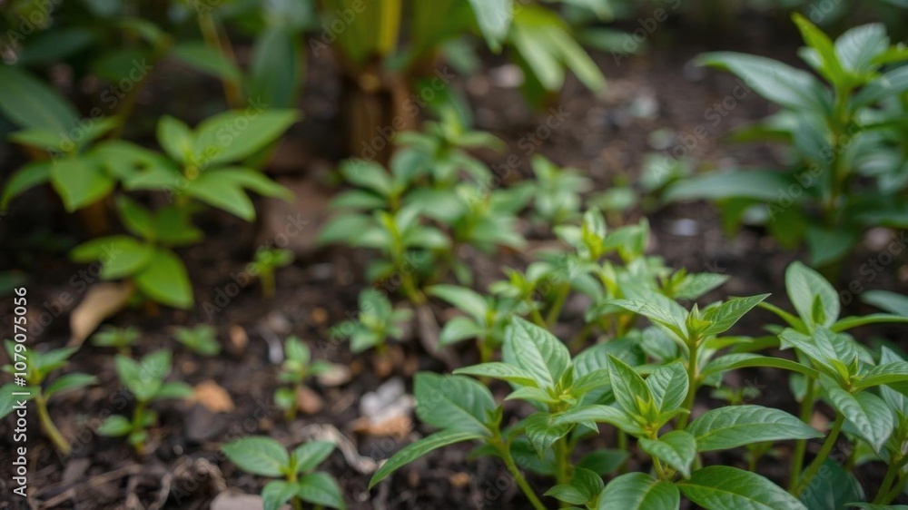 Coffee bean seedlings growing in rich green soil, symbolizing growth and nature renewal, botanical, garden, nature background Coffee bean seedlings growing in rich green soil, symbolizing growth and nature renewal, botanical, garden, nature background