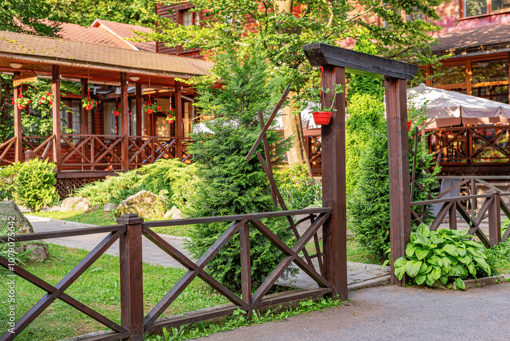 Ornamental grass near a wooden fence in a garden setting. The lush green foliage, landscape design
