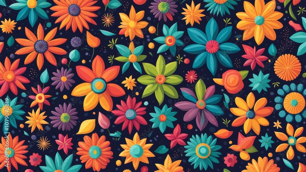 Cartoon animation, background with multicolored flowers in different sizes, abstract etnic background Cartoon animation, background with multicolored flowers in different sizes, abstract etnic background