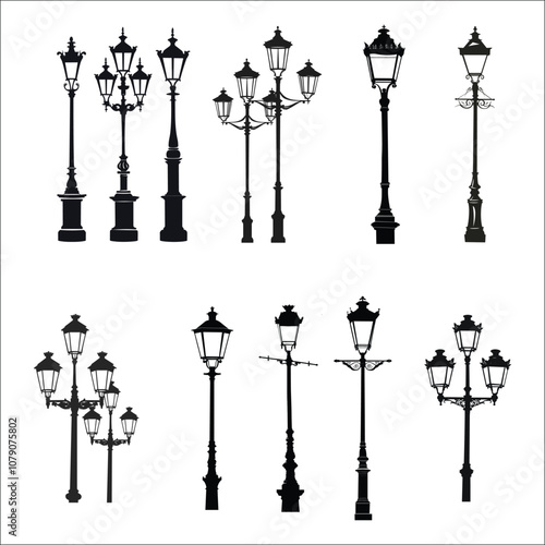 Lamppost Silhouette Bundle Set on a White Background, Lamp Post Silhouette Bundle