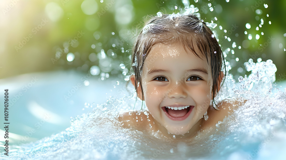 Happy young girl kid sliding down a water slide during summer holidays having fun doing outdoor activities Happy young girl kid sliding down a water slide during summer holidays having fun doing outdoor activities