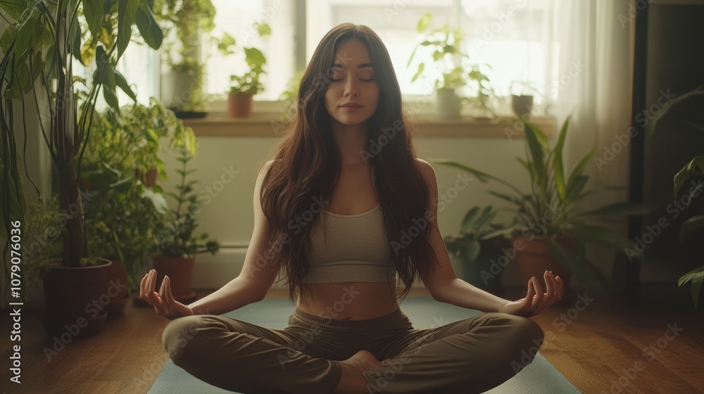 Serene and peaceful photo of a young woman with long brown hair streaming a yoga session in comfortable workout clothes, sitting cross-legged on a mat surrounded by plants in a minimalist room. Serene and peaceful photo of a young woman with long brown hair streaming a yoga session in comfortable workout clothes, sitting cross-legged on a mat surrounded by plants in a minimalist room.
