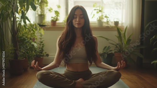 Free Download Serene and peaceful photo of a young woman with long brown hair streaming a yoga session in comfortable workout clothes, sitting cross-legged on a mat surrounded by plants in a minimalist room. - GFXLoad