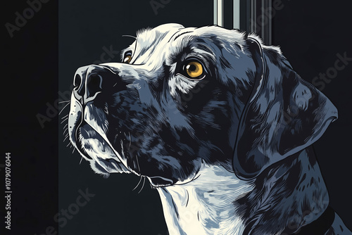 A black and white dog looking out of a window