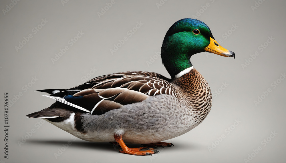 A mallard duck with green and brown feathers sits on a gray background A mallard duck with green and brown feathers sits on a gray background