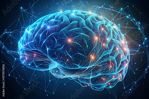 A vibrant, digital representation of a brain with glowing connections, symbolizing neural networks and cognitive processes.