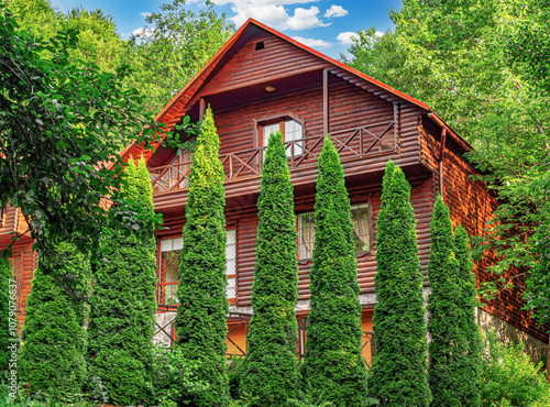 Obraz na płótnie Wooden house in green forest in summer day. w salonie