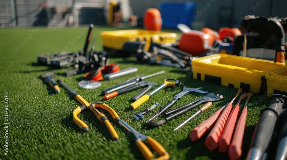 A collection of tools, including pliers, screwdrivers, wrenches, and a hammer, laid out on green grass. A collection of tools, including pliers, screwdrivers, wrenches, and a hammer, laid out on green grass.
