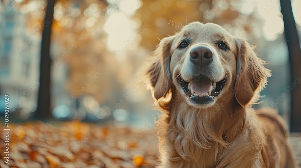 Golden retriever in an autumn park, with colorful leaves on the ground and a joyful expression, showcasing a perfect autumn day outdoors. Golden retriever in an autumn park, with colorful leaves on the ground and a joyful expression, showcasing a perfect autumn day outdoors.