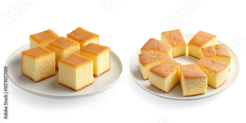 Square Slices of Fluffy Yellow Sponge Cake on a Transparent Background