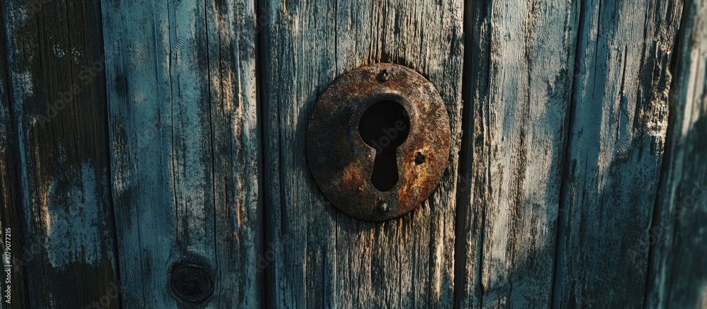 Aged wooden door with a rusted keyhole evoking mystery and timelessness Aged wooden door with a rusted keyhole evoking mystery and timelessness