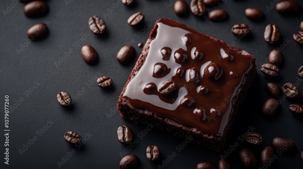 A rich chocolate brownie rests on a dark surface, covered in a smooth ganache and adorned with scattered roasted coffee beans, creating an inviting and indulgent dessert display. A rich chocolate brownie rests on a dark surface, covered in a smooth ganache and adorned with scattered roasted coffee beans, creating an inviting and indulgent dessert display.