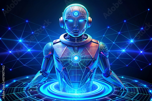 A futuristic robot surrounded by digital connections, illuminated in blue tones, symbolizing advanced technology and artificial intelligence.