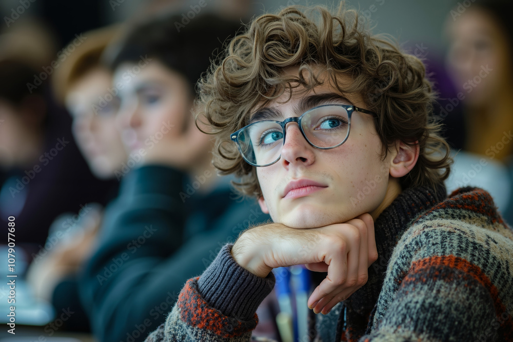 A young man with glasses sitting in front of a group of people A young man with glasses sitting in front of a group of people