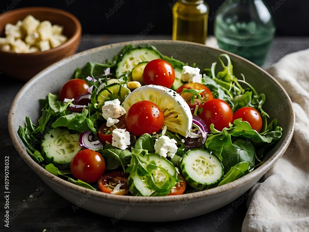 Fresh Green Salad with Cherry Tomatoes, Cucumbers, and Feta Cheese Fresh Green Salad with Cherry Tomatoes, Cucumbers, and Feta Cheese
