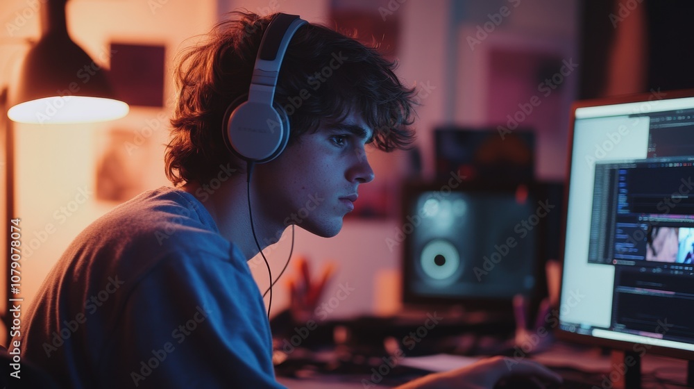 Focused young man streaming a video editing tutorial on his laptop, wearing headphones, with editing software on screen, sitting at a desk surrounded by creative tools, working in a cozy workspace Focused young man streaming a video editing tutorial on his laptop, wearing headphones, with editing software on screen, sitting at a desk surrounded by creative tools, working in a cozy workspace