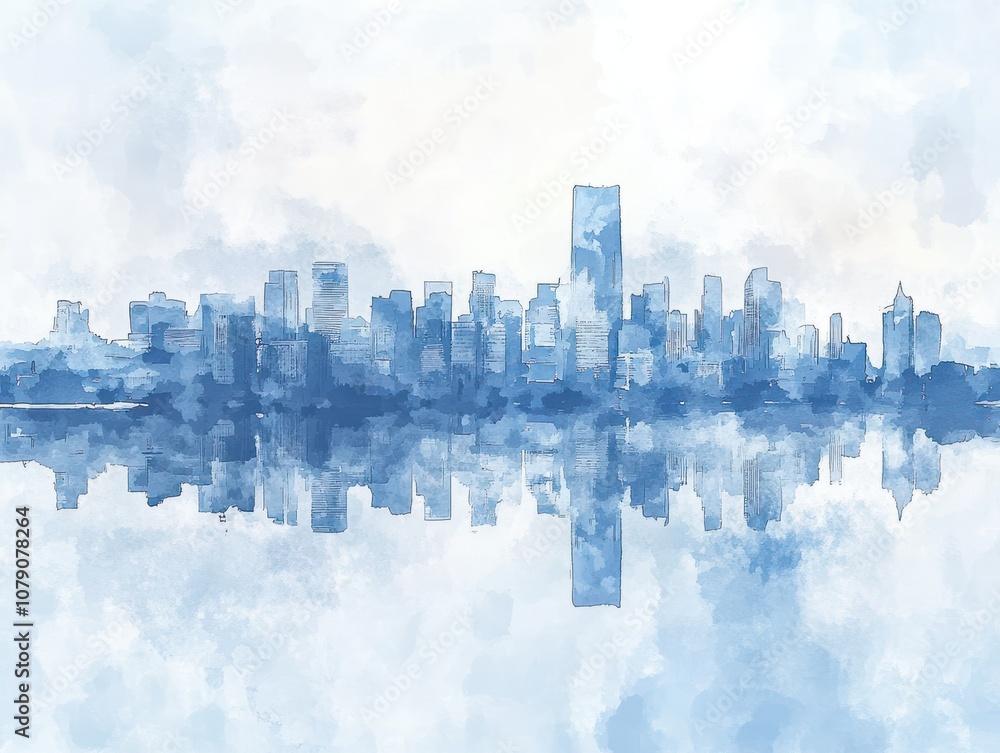 Fototapeta premium Dreamy Watercolor Skyline with Reflections in Calm Blue Tones