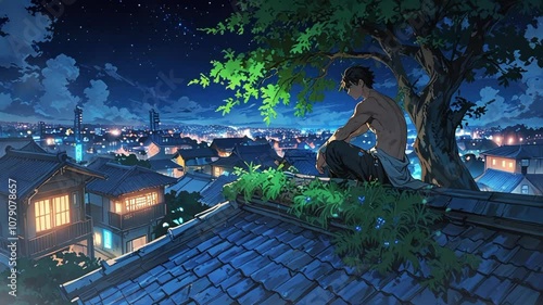 a man on the roof of a house is looking at the sky during a starry night, in anime style. seamless looping 4k video background animation