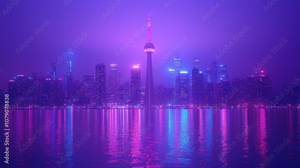 Neon cityscape reflected in water. Neon cityscape reflected in water.