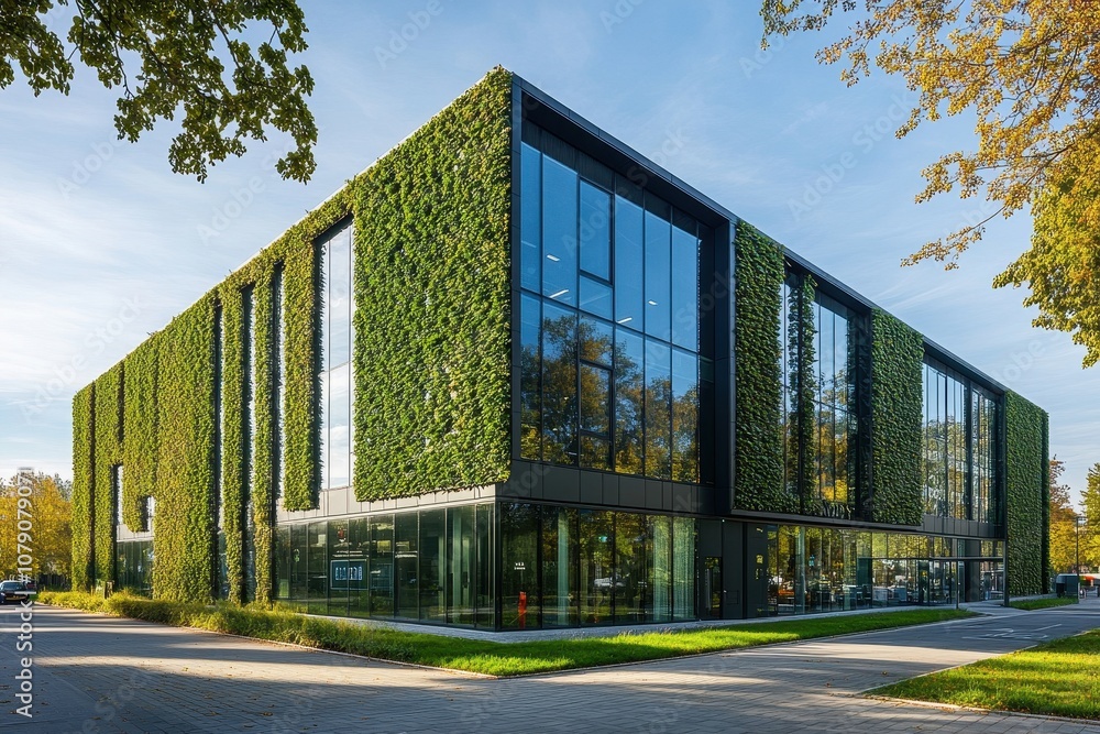 Obraz premium Modern sustainable office building with green walls, integrating eco-friendly features like rainwater harvesting and natural ventilation to enhance energy efficiency and resilience.