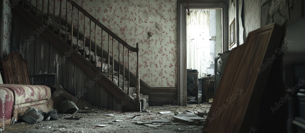 Abandoned interior of a dilapidated house showcasing peeling wallpaper and broken furniture evoking a sense of nostalgia and decay Abandoned interior of a dilapidated house showcasing peeling wallpaper and broken furniture evoking a sense of nostalgia and decay