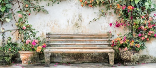 Fototapeta Naklejka Na Ścianę i Meble -  Bamboo bench adorned with vibrant flowers and lush ivy on an aged wall perfect for garden aesthetics vintage charm
