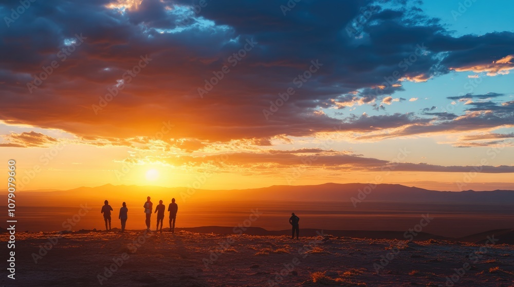 Silhouettes of People Watching Sunset Over Desert Landscape Silhouettes of People Watching Sunset Over Desert Landscape