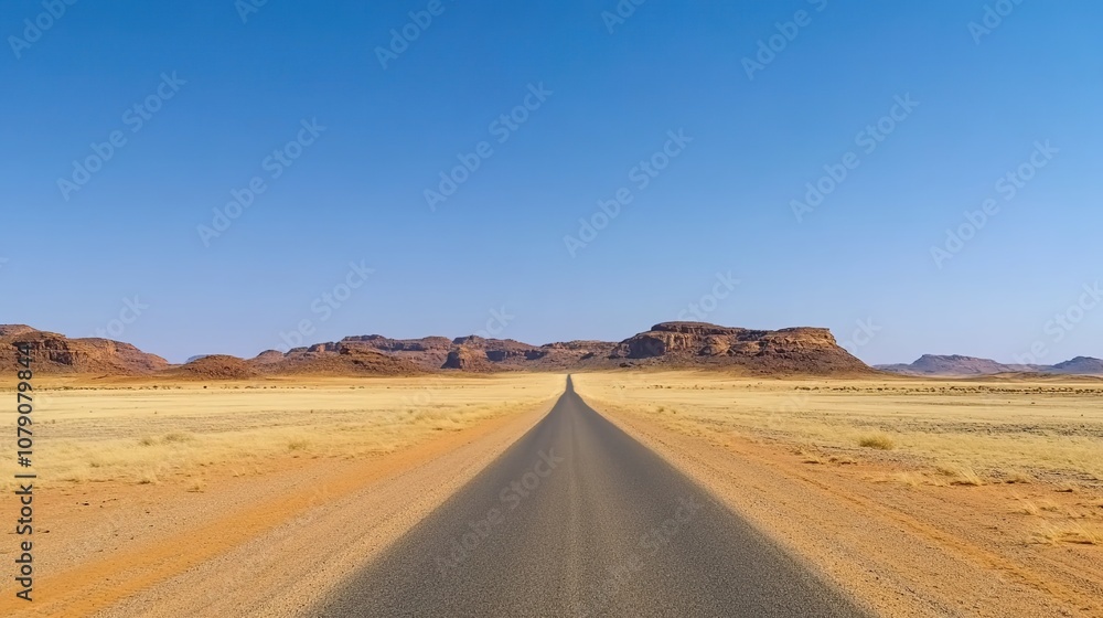 A wide, straight road leads into the distance in an African desert landscape under a clear blue sky.
A wide, straight road leads into the distance in an African desert landscape under a clear blue sky.