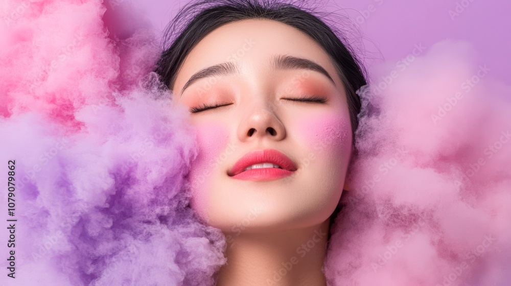 A serene portrait showcasing a woman surrounded by colorful pastel smoke, Ideal for beauty, wellness, or skincare campaigns, it conveys a sense of tranquility and freshness, A serene portrait showcasing a woman surrounded by colorful pastel smoke, Ideal for beauty, wellness, or skincare campaigns, it conveys a sense of tranquility and freshness,