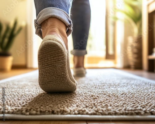 Capture a close-up of seniors' feet walking safely on a non-slip rug highlighting effective fall prevention measures essential for ensuring home safety and enhancing comfort for the elderly photo