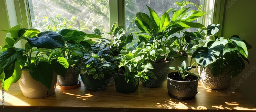 Assorted green potted plants on a sunlit windowsill enhancing home decor with a touch of nature Assorted green potted plants on a sunlit windowsill enhancing home decor with a touch of nature