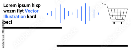 Text block with blue soundwave, shopping cart symbolizes e-commerce. Ideal for online shopping, digital marketing, audio branding, tech, retail, internet services, sound design. Banner for landing