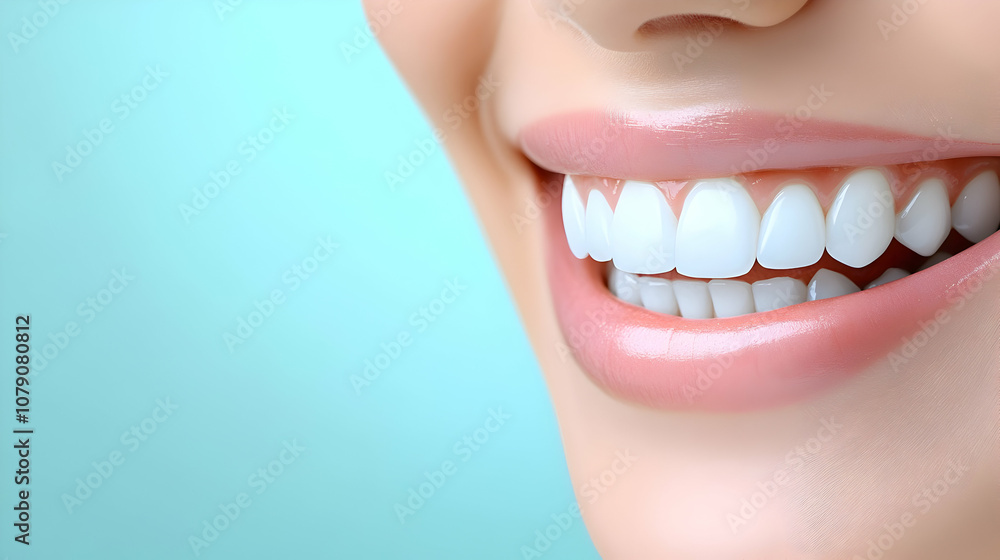 Fototapeta premium Smiling woman mouth, white teeth, pink lips, close-up portrait, healthy smile