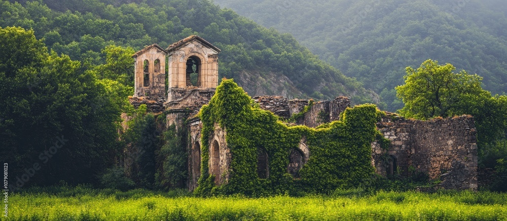 Ancient church ruins overgrown with vibrant green vegetation showcasing historical architecture and serene surroundings Ancient church ruins overgrown with vibrant green vegetation showcasing historical architecture and serene surroundings