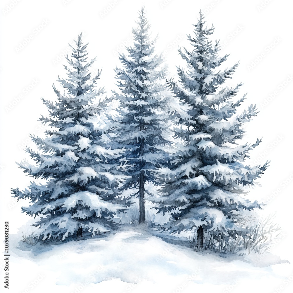 Three snow-covered evergreen trees stand tall against a white backdrop, evoking a serene winter landscape. Three snow-covered evergreen trees stand tall against a white backdrop, evoking a serene winter landscape.