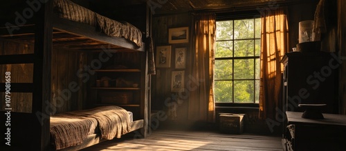 Bunk beds arranged neatly along the walls of a rustic bunkhouse showcasing historical accommodation in a former trading post photo