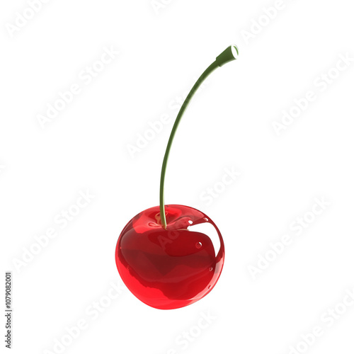 A single, glistening red cherry with a green stem, isolated against a black background.