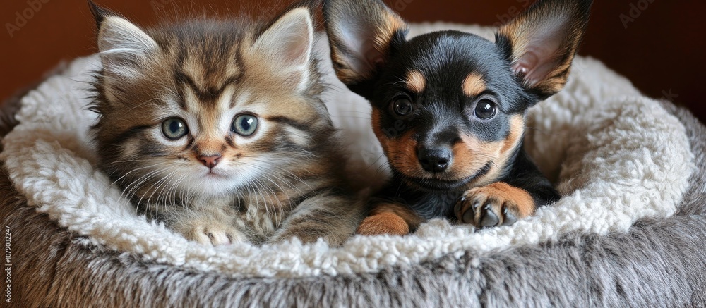 Adorable kitten and playful puppy snuggled together in a cozy bed perfect for pet lovers Adorable kitten and playful puppy snuggled together in a cozy bed perfect for pet lovers