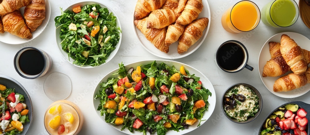 Breakfast spread featuring fresh salad flaky croissants steaming coffee and vibrant juice ideal for morning gatherings Breakfast spread featuring fresh salad flaky croissants steaming coffee and vibrant juice ideal for morning gatherings
