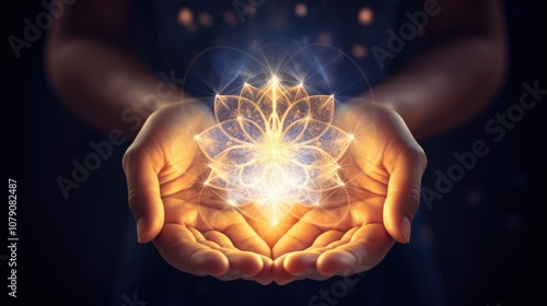 Ethereal healing hands emanating sacred geometry light patterns, representing an energy healing concept, captured as premium spiritual artwork for holistic wellness and enlightenment. photo